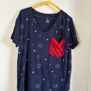 Navy T-Shirt with Red Pocket and Star Pattern